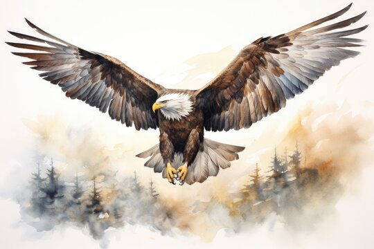 Graceful watercolor illustration of a soaring eagle against a serene white background.