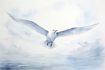 Watercolor artwork featuring a gentle seagull against a simple, white canvas.