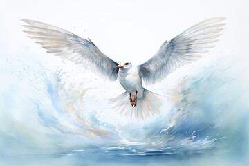 Watercolor artwork featuring a gentle seagull against a simple, white canvas.