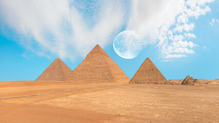 Giza Pyramid Complex with super full moon - Cairo, Egypt 