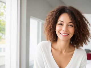 Cheerful Woman with Mid-Length Brown Wavy Hair Smiling Brightly