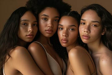 Fototapeta premium Studio close up portrait of young women with different skin colors, black, latina, white, all wearing neutral color tank tops, cosmetics ad, beauty shot, natural, pastel brown background