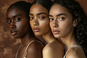 Studio close up portrait of young women with different skin colors, black, latina, white, all wearing neutral color tank tops, cosmetics ad, beauty shot, natural, pastel brown background