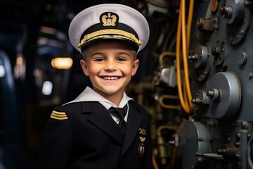 Portrait of a boy pilot in the cabin of a ship. - obrazy, fototapety, plakaty