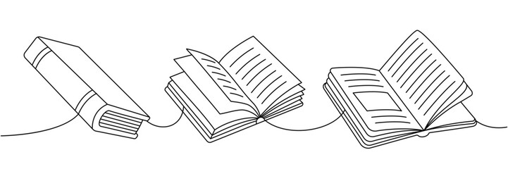 Opened and closed books. Back to school one line continuous drawing. School accessories continuous one line illustration.