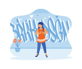  Beautiful girl standing in front of a graffiti wall. Make a heart sign with both hands in front of your chest. Happy, calm, peaceful girl concept. trend modern flat vector illustration