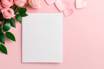 Blank paper greeting card with flowers on light pink background. - obrazy, fototapety, plakaty