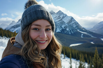 Fototapeta na wymiar Young girl selfie at mountain lake landscape in winter snow aesthetic trekking travel concept
