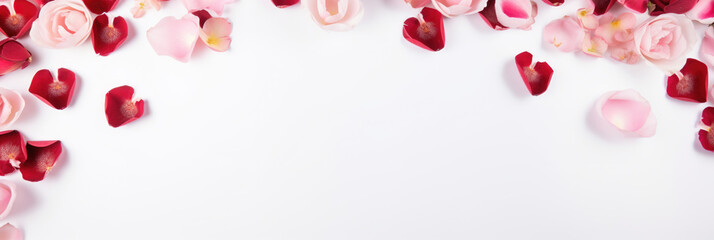 Frame made of pink and red rose flower petals on white background. Valentines day background, top view, copy space. - Powered by Adobe
