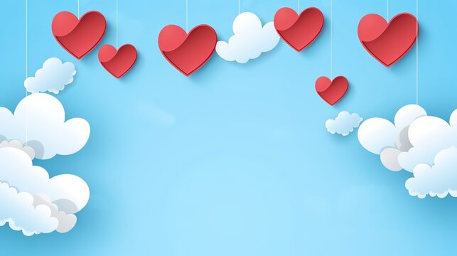 Poster or banner with blue sky and paper cut clouds. Place for text. Happy Valentine's day sale header or voucher template with hanging hearts. Generative Ai