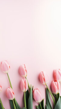 Fototapeta Spring tulip flowers on pink pastel background. Greeting for Women's, Mothers Day or spring sale banner
