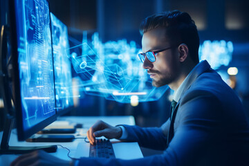 A man works at a computer. Modern technologies in business. AI g