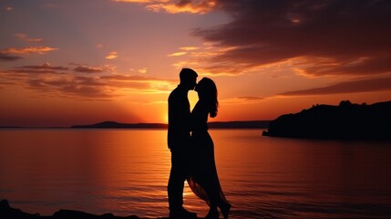 Fototapeta premium Silhouetted couple embracing by sea at sunset. Romance and relationship.