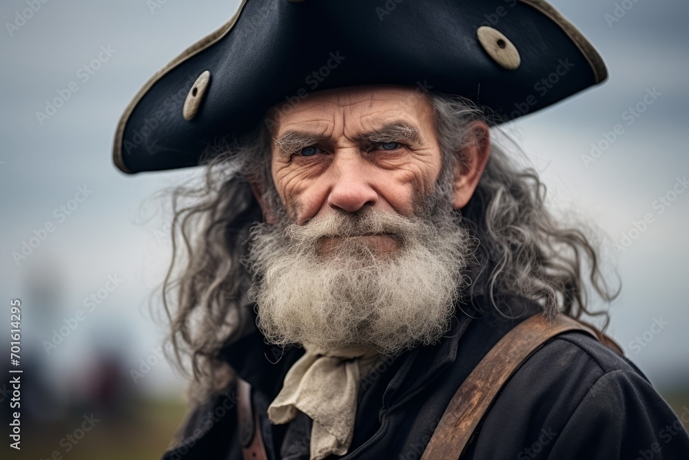 Sticker Portrait of an old man in a pirate costume. Selective focus.