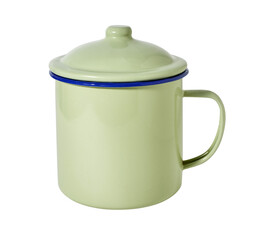 Vintage enamel mug with cover isolated on white background