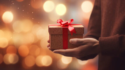 Hand holding a gift box with red ribbon close up