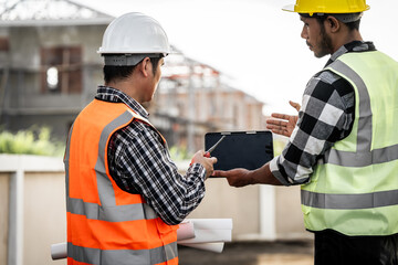 Asian people, two man, holding blueprints Structural engineers examine structural plans for office buildings and housing developments on-site, discussing work at construction site.