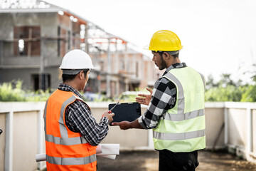 Obraz premium Asian people, two man, holding blueprints Structural engineers examine structural plans for office buildings and housing developments on-site, discussing work at construction site.
