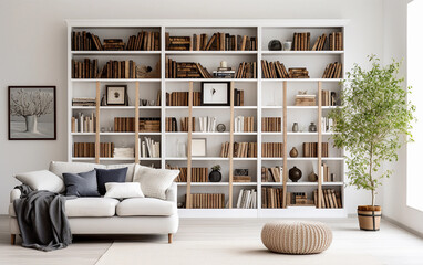 Modern white iving room interior with white sofa and wooden bookcase filled with books on the background