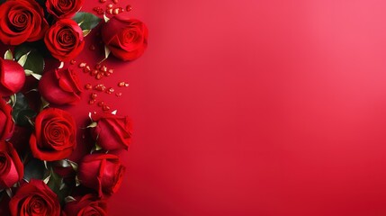 Red roses over red background flat lay. Valentine's Day, Birthday abstract background with copy space. Generative Ai - obrazy, fototapety, plakaty