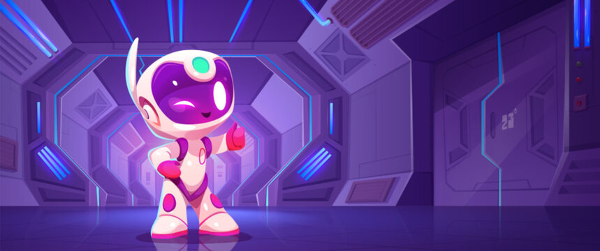 Cute winking robot astronaut with thumbs up standing in space ship hall interior. Cartoon vector illustration of futuristic shuttle station corridor room with closed doors and gates, glowing panels.