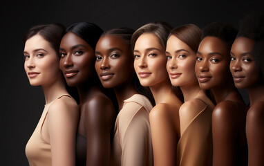 Fototapeta premium Seven women with different skin tones represent diversity and ethnicity. Banner for advertising beauty diversity 