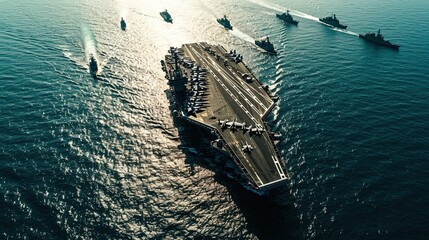 Aerial view. The aircraft carrier accompanied by a squad ships. Space for text. - obrazy, fototapety, plakaty
