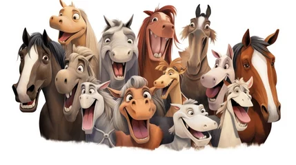 Fototapeten cartoon scene with many horses on white background, illustration for children © mariof