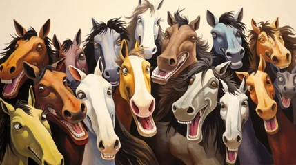 Poster Im Rahmen cartoon scene with many funny horses on white background, illustration for children © mariof