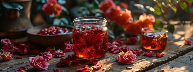 Close-up of tea rose petals with jam