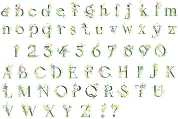 深緑色のおしゃれな花文字（アルファベット、数字） - obrazy, fototapety, plakaty