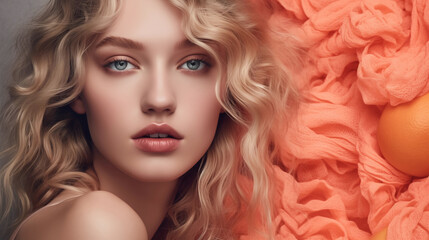 Beauty Sexy girl with peach make-up. Beautiful woman face with peach fuzz color make up. Peach fuzz...