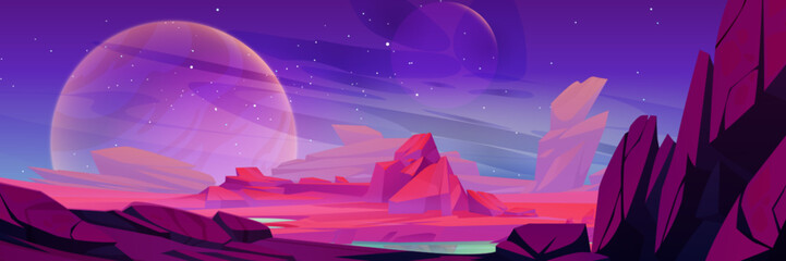 Alien planet landscape with rocky surface and lake. Vector cartoon illustration of pink and purple space background, stars shimmering in night sky, water puddles and stones in martian desert, cosmos