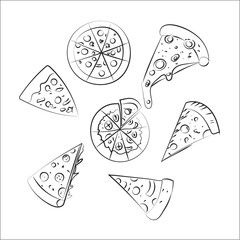 Pizza slices, whole pizza.Doodle style