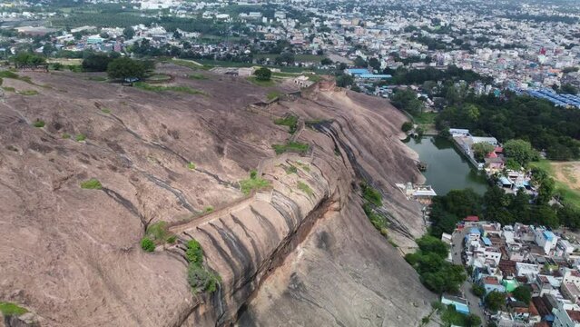 Aerial view of Dindigul Rock Fort and Valley, Dindigul City, Tamil Nadu, India