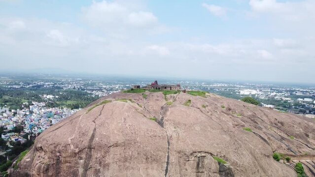Cinematic drone shot of Dindigul Rock Fort and valley, Tamil Nadu, India