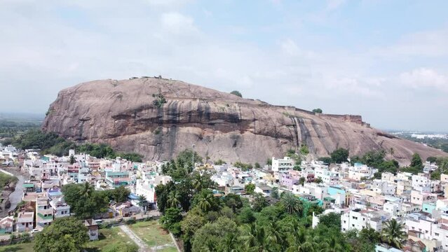 Establishing drone shot of Dindigul Rock Fort, Tamil Nadu, India