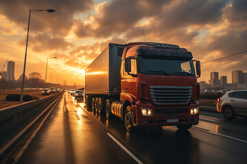 A truck on the road at sunset. Road transportation. - obrazy, fototapety, plakaty