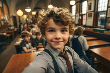 Photo of a young boy capturing a moment in a bustling room with a selfie