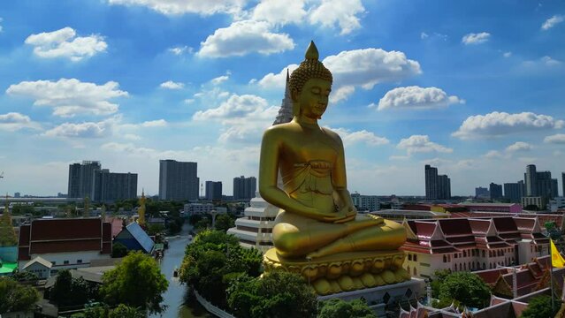 AERIAL VIEW IN PAKNAM PHASI CHAROEN TEMPLE, BANGKOK,THAILAND, DRONE 4K