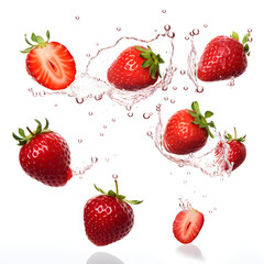 Strawberry, falling, Strawberry cut in half levitate isolated on white background