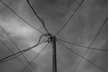 Monochrome Photography. Landscape View. Black and white Photo of electric pole with branching...