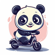 Happy cute panda cartoon character riding a scooter on a white background, for sticker or t-shirt design