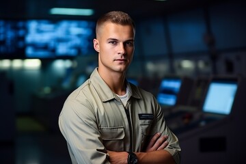 Portrait of a young male security guard standing in an industrial building