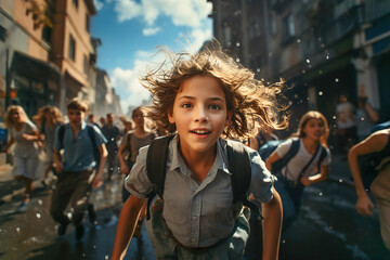 A group of children running down a street to the school. - obrazy, fototapety, plakaty
