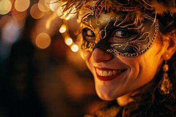 Woman with golden carnival mask smiling, portrait - obrazy, fototapety, plakaty