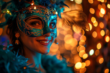 Woman with blue carnival mask smiling, portrait - obrazy, fototapety, plakaty