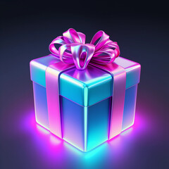 Obraz premium Colorful neon glowy gift box isolated on white background illustration. 