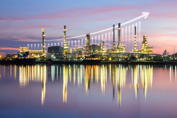 Oil gas refinery or petrochemical plant. Include arrow, graph or bar chart. Increase trend or growth of production, market price, demand, supply. Concept of business, industry, fuel, power energy.
