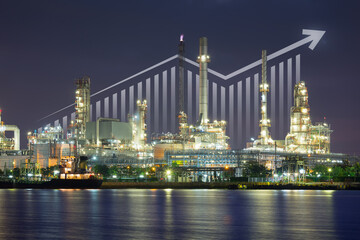 Fototapeta na wymiar Oil gas refinery or petrochemical plant. Include arrow, graph or bar chart. Increase trend or growth of production, market price, demand, supply. Concept of business, industry, fuel, power energy.